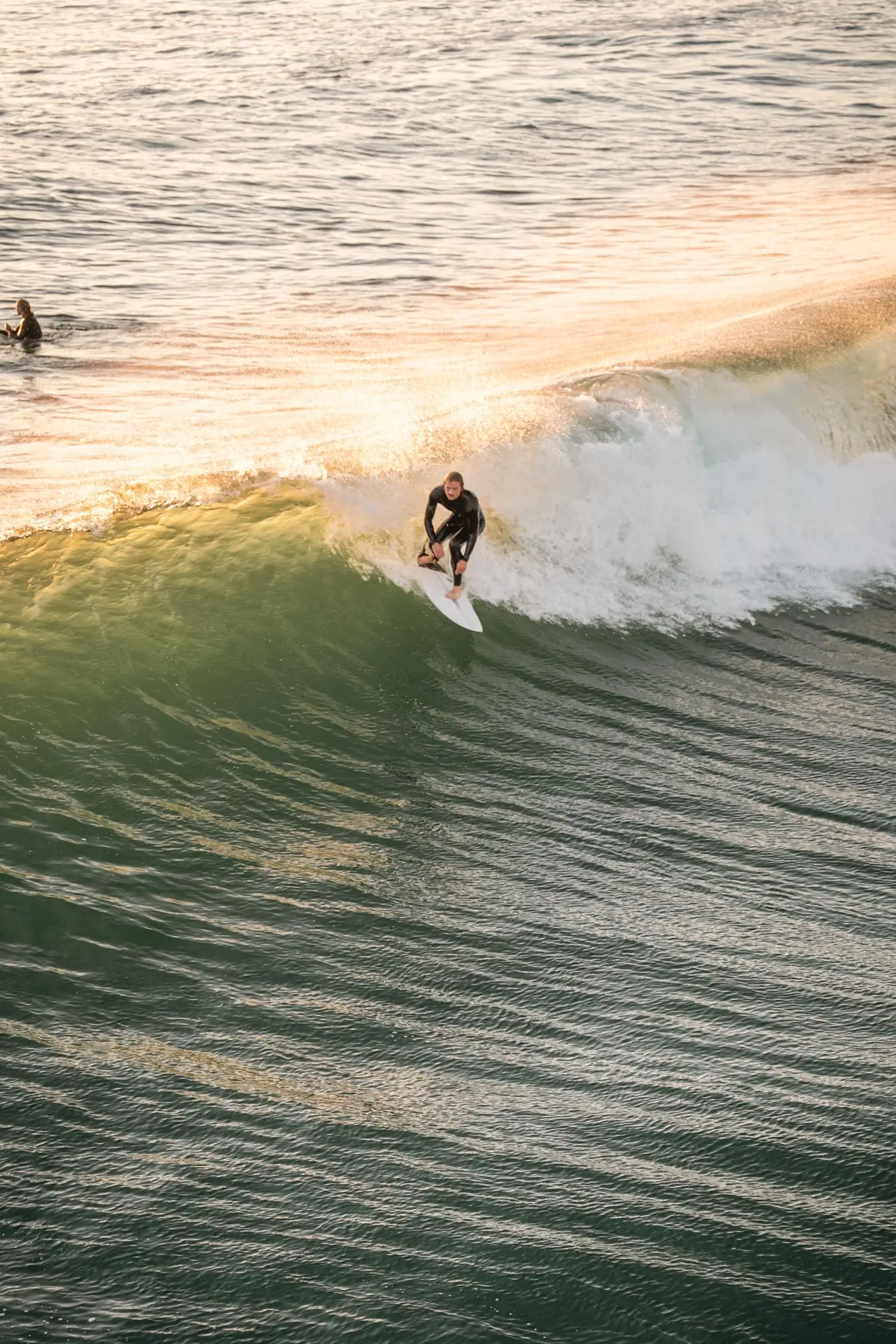 Surfer carving along a clean wave face at sunset